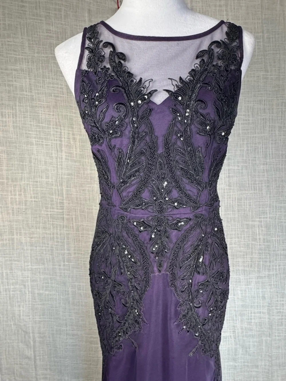 Adrianna Papell Embellished Illusion Neck Maxi in Plum and Black - Picture 4 of 11